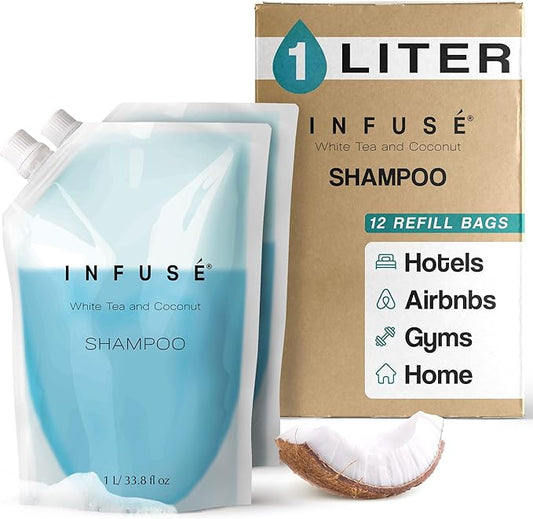 1 Liter Shampoo Refill Bag For Soap Dispensers | Bulk Toiletries for Vacation Rentals, and Home Bathroom Showers | White Tea and Coconut | Set of 12
