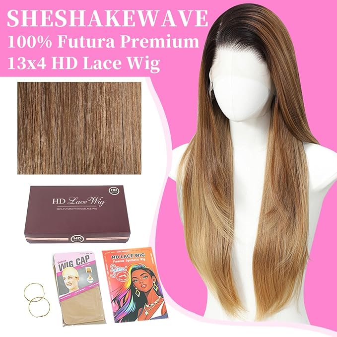 13x4 Synthetic Lace Front Wigs Pre Plucked Honey Blonde with Black 26 Inch Long Layered Straight Wigs For Women 100% Futura Premium Fiber Ready to Wear Wig With Bangs Daily Party Use