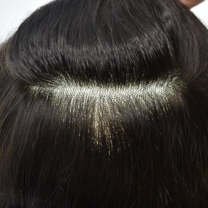 Mens Toupee Human Hair System for Men Durable Fine Mono Lace Men Replacement PU Poly Skin Around Light to Medium Density Wig Hairpiece (6"X8", 1B10 Off Black with 10% gray hair)