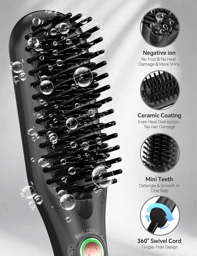 LANDOT Mini Hair Straightener Brush - Ionic Heated Straightening Brush for Frizz-Free & Smooth Styling, Compact Lightweight Dual Voltage Travel Flat Iron Comb for Medium Short Hair, Black