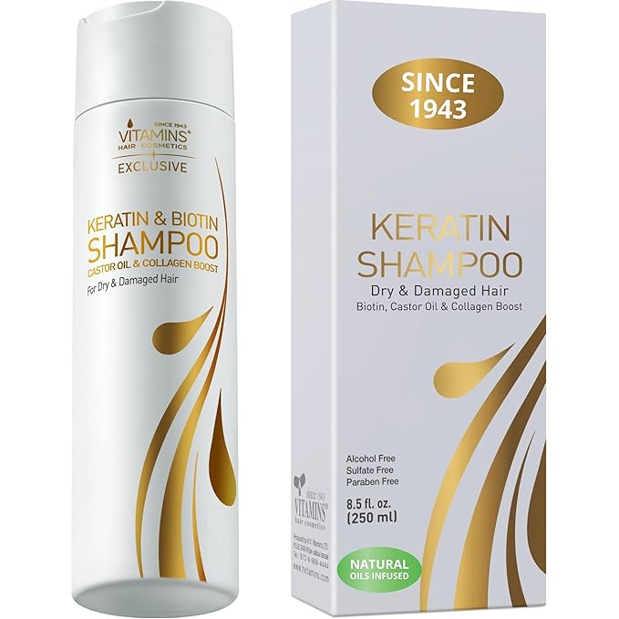 VITAMINS hair cosmetics Keratin Shampoo Sulfate Free - Hair Treatment for Dry Damaged Hair - Biotin and Collagen Shampoo with Castor Oil for Curly, Wavy or Straight Locks - 8.5 Fl Oz