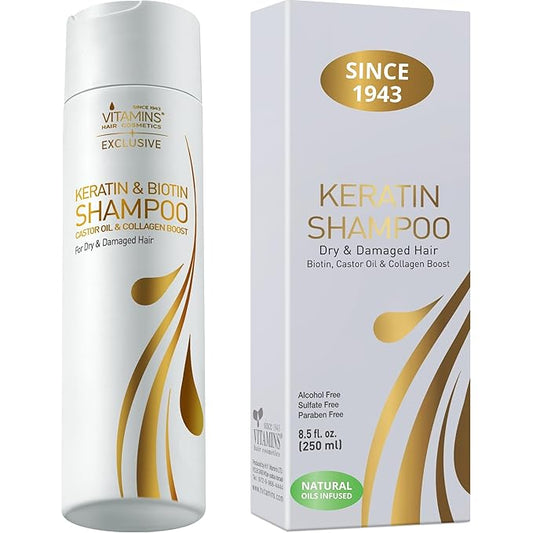 VITAMINS hair cosmetics Keratin Shampoo Sulfate Free - Hair Treatment for Dry Damaged Hair - Biotin and Collagen Shampoo with Castor Oil for Curly, Wavy or Straight Locks - 8.5 Fl Oz
