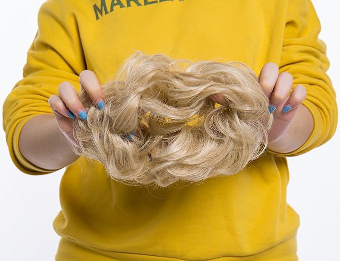 Benehair Hair Bun Hairpiece Scrunchy Updo Hair Pieces Fluffy Scrunchies Donut Hairpiece Synthetic Curly Wavy Messy Chignons With Elastic Rubber Band Dark Blonde & Bleach Blonde-Thicker 1pc 35g