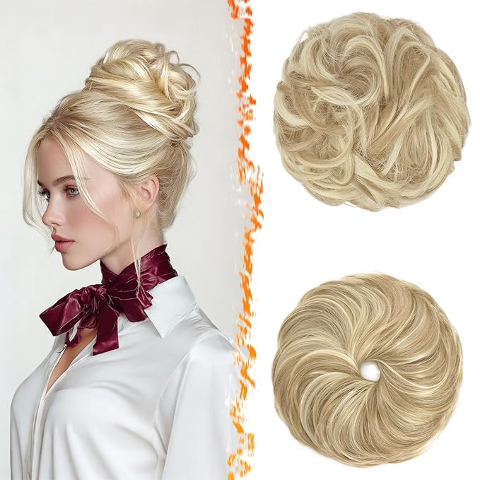 BARSDAR 2 PCS Messy Bun Hair Pieces - Elastic Blonde Messy Hair Bun Scrunchies Extensions for Women - Synthetic Thick Fluffy Updo Chignons Hairpieces - Light Ash Blonde & Bleach Highlights