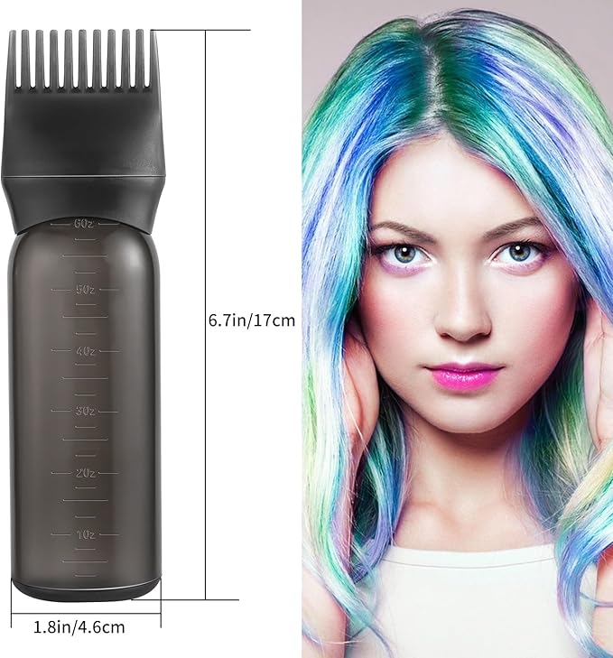Pimoys 2 Pack Root Comb Applicator Bottle 6 Ounce Oil Applicator for Hair Dye, Black Hair Oiling Bottle Applicator Brush with Graduated Scale