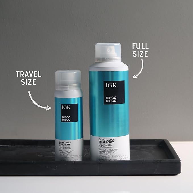 IGK Disco Disco Clear Gloss Hair Shine Spray | Full + Travel Size | Lightweight, High-Shine Finishing Hair Spray | 5.3 + 2.1 oz (Pack of 2)