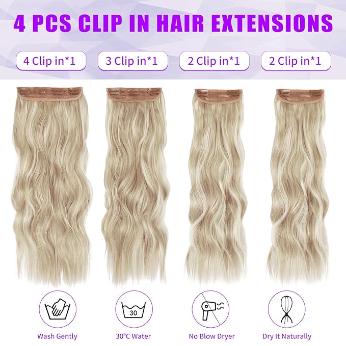 Vigorous Clip in Hair Extensions 20Inch Ash Blonde Mixed Bleach Blonde Hair Extensions Clip Ins 4Pcs Long Wavy Soft Synthetic Hairpieces for Women