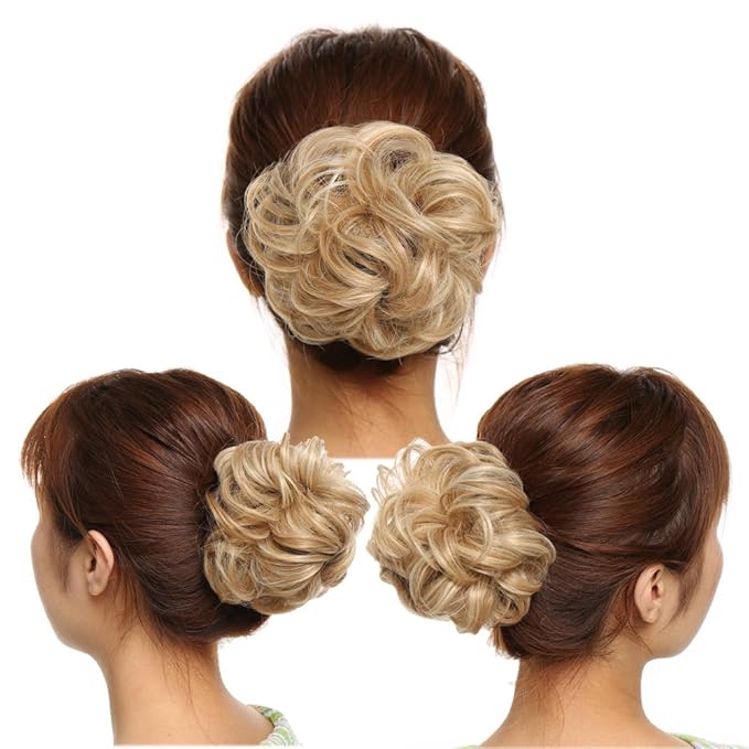 Benehair Hair Bun Hairpiece Scrunchy Updo Hair Pieces Fluffy Scrunchies Donut Hairpiece Synthetic Curly Wavy Messy Chignons With Elastic Rubber Band golden Blonde & Bleach Blonde-Thicker 1pc 35g