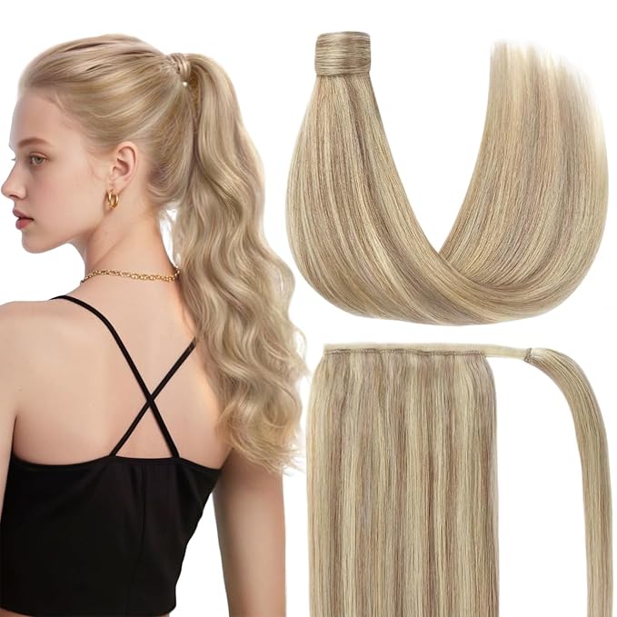Ve Sunny Ponytail Extension Real Human Hair for Women Clip in Ponytail Hair Extension Straight Hair Pieces Wrap Around Warm Ash Blonde Highlights Bleach Blonde 16inch 80G