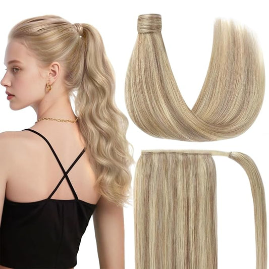 Ve Sunny Ponytail Extension Real Human Hair for Women Clip in Ponytail Hair Extension Straight Hair Pieces Wrap Around Warm Ash Blonde Highlights Bleach Blonde 16inch 80G