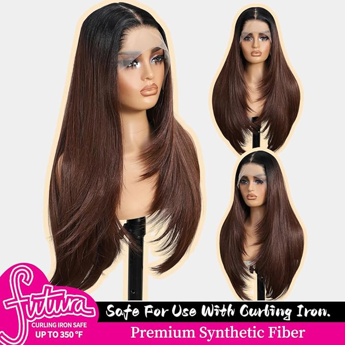 13x4 Synthetic Lace Front Wigs Pre Plucked Auburn with Black Root 26 Inch Long Layered Straight Wigs For Women 100% Futura Premium Fiber Ready to Wear Wig With Bangs Daily Party Use