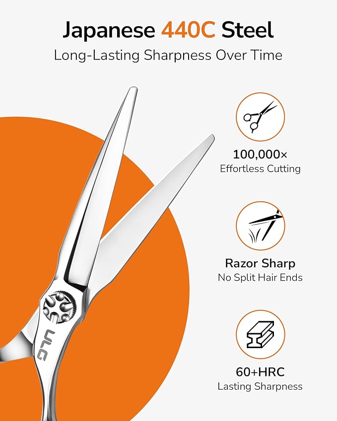 ULG Professional Hair Cutting Scissors 6.7”, Japanese 440C Stainless Steel, Barber Shears with Adjustable Tension Screw, Ergonomic Offset Handle, Razor Sharp Blades for Salon & Home Use