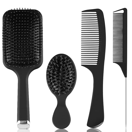 Hair Brush and Comb Set, 4Pcs Paddle Hairbrush Set for Women Men, Mini Travel Boar Bristle Detangling Rattail Fine Tooth Styling Combs for Curly, Thick, Thin, Wig, Long, Short