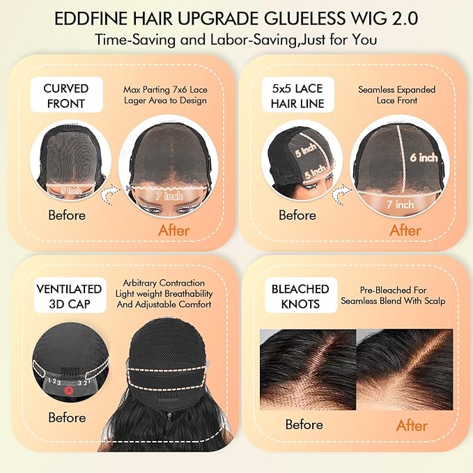 250% Density Glueless Wigs Human Hair Pre Plucked Pre Cut 7x6 HD Lace Closure Wigs Human Hair Body Wave Lace Front Wigs Human Hair for Women Drawstring Glueless Wig for Beginners 18 inch