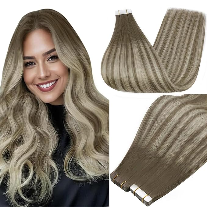Full Shine Hair Extensions Tape in Balayage Color 7/1000/7 Human Hair Tape ins Extensions 22Inch Tape Hair Extensions 50G Seamless Skin Weft Remy Human Hair Extension Natural Straight Hair 20Pcs