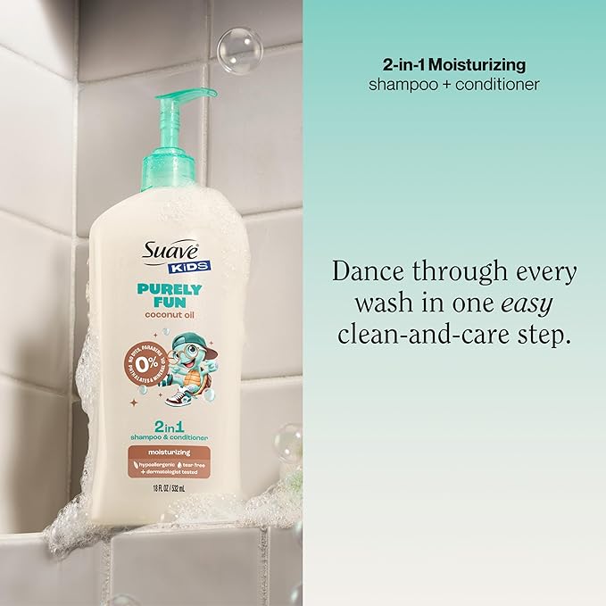 Suave Kids Purely Fun 2 in 1 Shampoo and Conditioner with Coconut Oil, Tear-Free, Hypoallergenic, Gentle Hair Care for Kids with Sensitive Scalps, 6 Count, 28 FL OZ