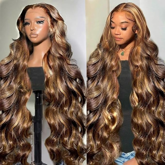 34 Inch Honey Blonde Ombre Lace Front Wig Human Hair Highlight Body Wave Lace Front Wigs Human Hair Pre Plucked 180 Density Glueless 13X4 HD Lace Frontal Wig for Women 4/27 Colored