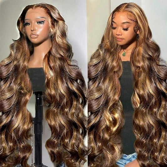 34 Inch Honey Blonde Ombre Lace Front Wig Human Hair Highlight Body Wave Lace Front Wigs Human Hair Pre Plucked 180 Density Glueless 13X4 HD Lace Frontal Wig for Women 4/27 Colored