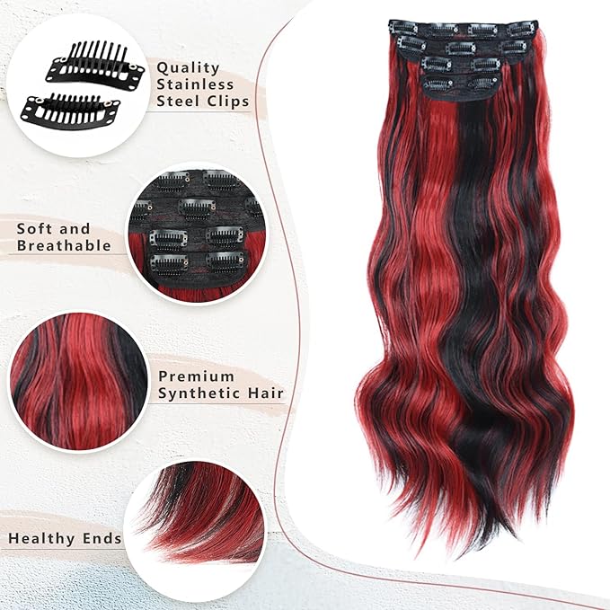 Vigorous Clip in Hair Extensions 4PCS Long Wavy Hair Extension 20Inch Thick Synthetic Hairpieces Fiber Double Weft Hair for Women(Black with Red Highlights)