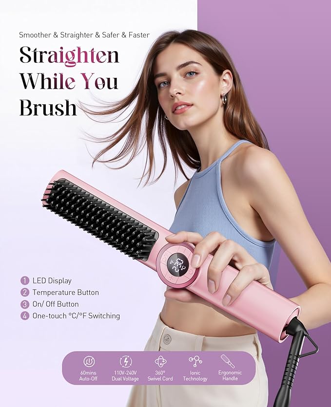 Hair Straightener Brush: 3-in-1 Curling & Straightening Comb with Dual Voltage, Hot Comb with Ionic Coating, Pink