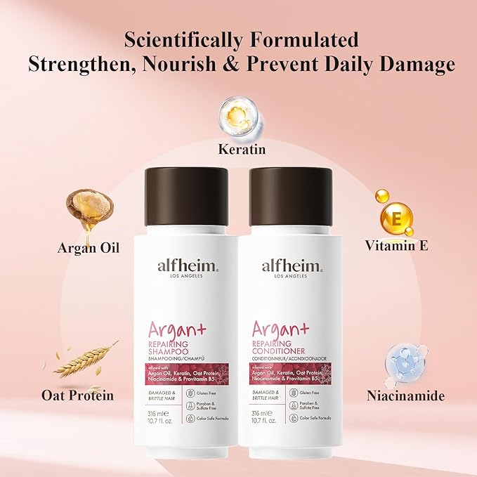 Alfheim Argan Repairing Shampoo & Conditioner Set | Sulfate-Free&Paraben-Free | Argan Oil, Keratin & Niacinamide for Dry, Damaged, Color-Treated Hair | Hydrating, Strengthening & Anti-Frizz|10.7oz*2