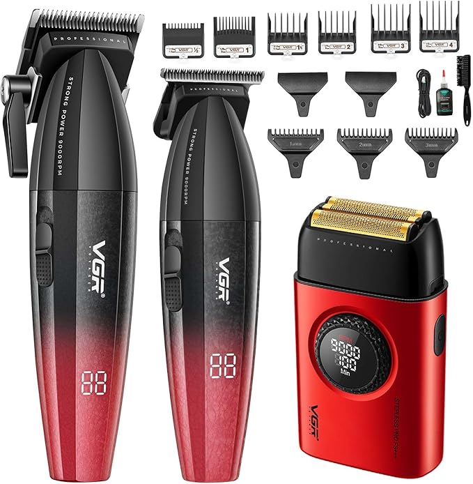 VGR Hair Clippers for Men Professional Barber Clippers and Trimmers Set, Triple Floating Blade Foil Shaver, Cordless 9000 RPM Motor Hair Cutting Kit with LED Display, V-640 & V-378 (Red)