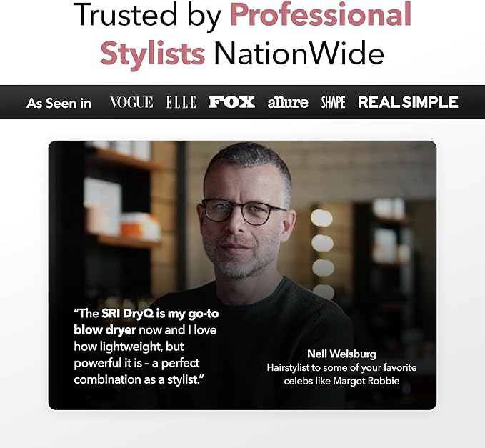 SRILabs DryQ ‘Smart’ Hair Dryer – Super Lightweight, Foldable – Powerful, Quiet Motor – Infrared & Ionic Technology – 3 Magnetic Attachments – Heat Control with Locking Switch