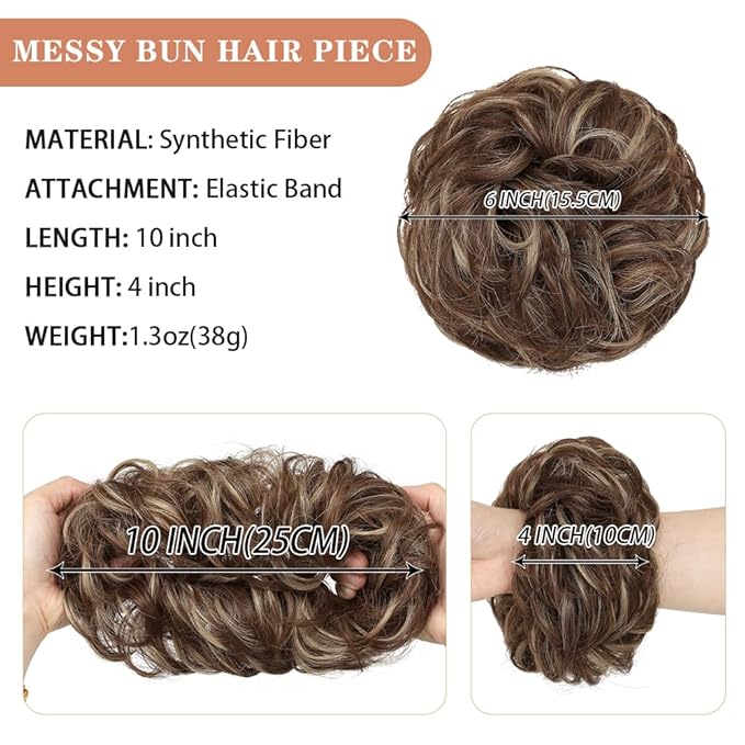 2 pcs Messy Bun Hair Piece Wavy Curly Hair Bun Scrunchies for Women Bun Hair Piece with Elastic Band Scrunchies Stretchy Fluffy Chignon Ponytail Hairpieces Updo for Women #12H24 Brown Mix Ash Blonde