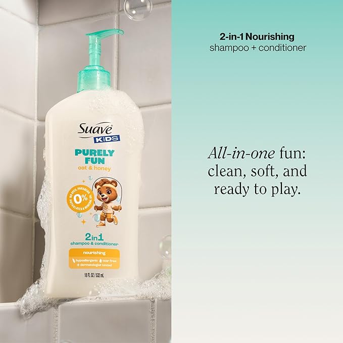 Suave Kids Purely Fun 2 in 1 Shampoo and Conditioner with Oat & Honey, Tear-Free, Hypoallergenic, Gentle Hair Care for Kids with Sensitive Scalps, 6 Count, 18 FL OZ