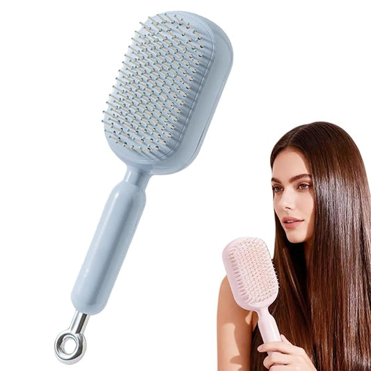 Retractable Cushion Massage Comb Brush, Self Cleaning Hair Brush For Women, One-pull Clean Anti Static Brushs (Blue)