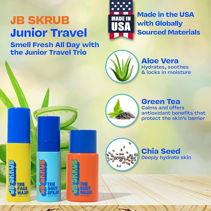 JB SKRUB The Junior Travel Trio - Complete Skin Care Set for Kids, Tweens & Teens: Hydrating Body Wash, Refreshing Body Spray, & Gentle Face Wash