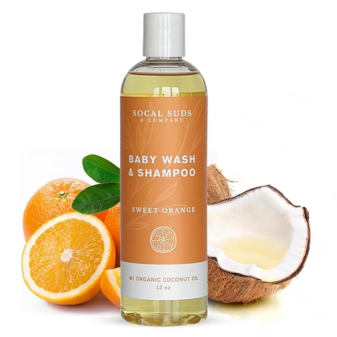 SoCal Suds & Company Organic Baby Shampoo and Body Wash - 2-in-1 Castile Soap, Hypoallergenic, Sensitive Skin, Natural Soap, Toddler Shampoo, Infant, Newborn, Kids Body Wash - 12oz Sweet Orange