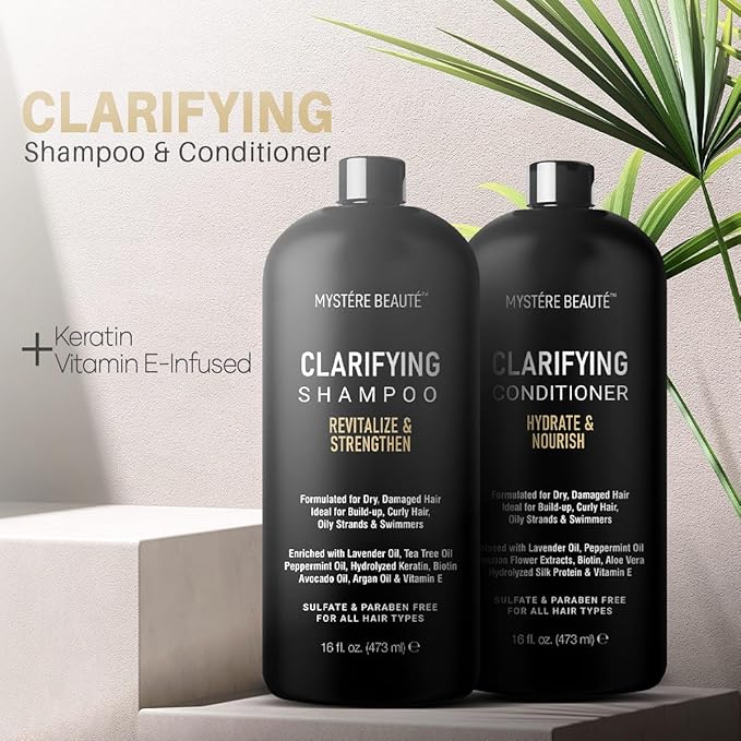 Clarifying Shampoo and Conditioner Set- Hydrating, Calming & Removes Buildup, For All Hair Types, Clarifying Cleanse for Dirt, Oil & Hard Water Buildup, for Men Women MYSTÉRE BEAUTÉ - 16 fl oz each