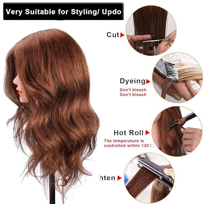 Mannequin Head with Human Hair, 18 inch Mannequin Head with Tripod Stand, Real Hair Cosmetology Makeup Hairdressing Training Head with Wig Stand Tripod, Doll Head for Hair Styling Training with Table