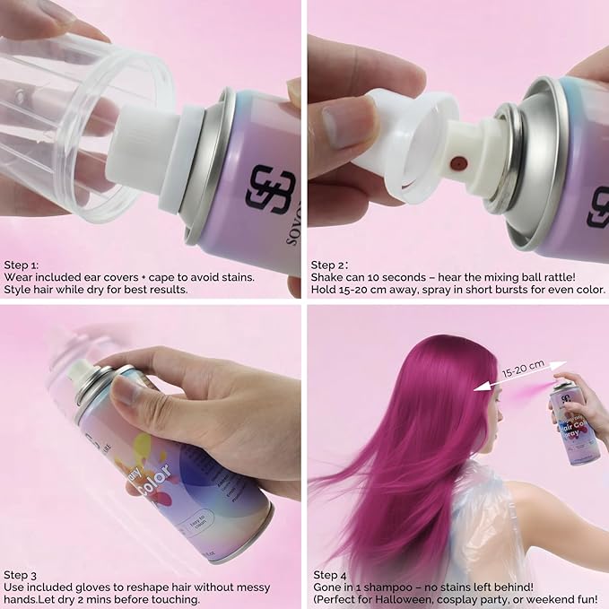 Hot Pink Temporary Hair Color Spray, SOVONCARE Natural Hair Wax Dye Spray for Kids Halloween, Christmas Party, Cosplay -On 1-Day Washable 120ML