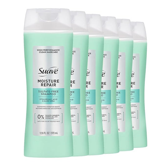 Suave Moisture Repair Sulfate-Free Shampoo with Hyaluronic Acid & Aloe Vera, Hydrates & Restores Dry, Damaged Hair, 6 Count, 12.6 FL OZ
