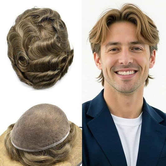 Toupee For Men Real Human Hair System Full Swiss Lace Mens Toupee Lace Hair Piece For Men Hair System Bleached Knots 7x9-90% light density#1720 17# DARK ASH BLONDE+20% GREY