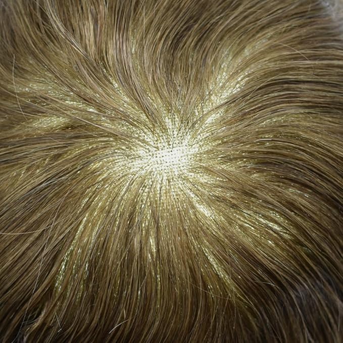 Toupee For Men Real Human Hair System For Men Full Swiss Lace Mens Toupee Lace Hair Piece For Men Hair System Bleached Knots 8x10-80% light density#710 7# VERY LIGHT BROWN+10% GREY