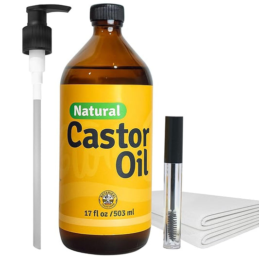 Organic Castor Oil (17 oz) Glass Bottle-100% Pure, Cold-Pressed, Hexane-Free, with 2 Resuable Organic Cotton Flannel Pack Wraps and Mascara Container for Skin, Hair, Eyelash's Eyebrow's & Body