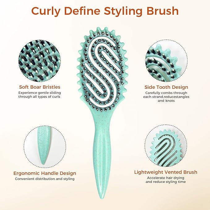 Curly Hair Brush, Curl Defining Brush with Soft Boar Bristles for Combing, Shaping, and Styling Curly Hair Suitable for All Women and Men with Wet & Dry Hair(Green)