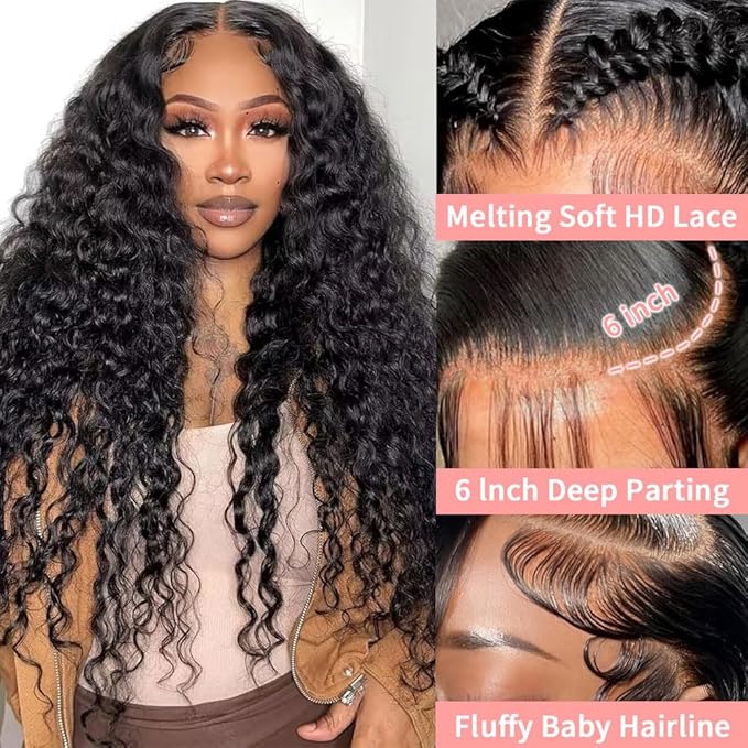13x6 Deep Wave Lace Front Wigs Human Hair 32 Inch 200 Density HD Lace Frontal Glueless Wigs Human Hair Pre Plucked Deep Curly Wig with Baby Hair Natural Black