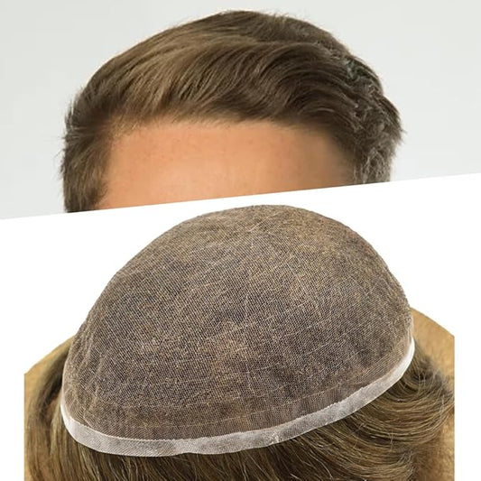 Toupee For Men Real Human Hair System For Men Full Swiss Lace Mens Toupee Lace Hair Piece For Men Hair System Bleached Knots 8x10-80% light density#520 5# MEDIUM LIGHT BROWN+20% GREY