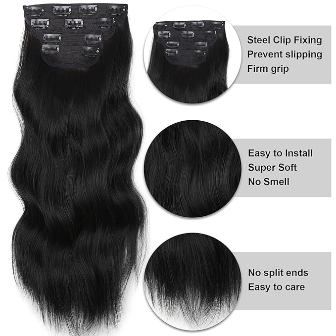 Vigorous Clip in Hair Extensions 4Pcs Black Hair Extension 24 Inch Long Wavy Soft Synthetic Hairpieces for Women