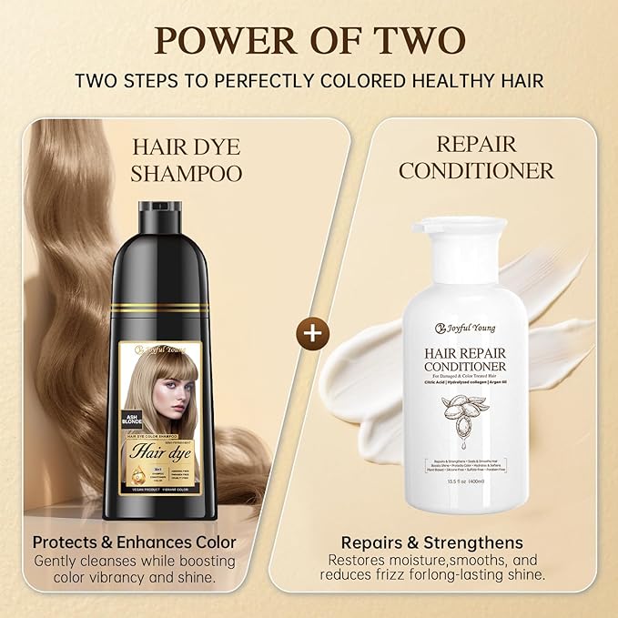 3-in-1 Natural Hair Dye Shampoo & Hair Repair Conditioner Bundle - Gray Coverage & Deep Moisture - Vegan, Sulfate-Free, Color-Safe - Argan Oil, Collagen - 2x400ml (ASH BLONDE