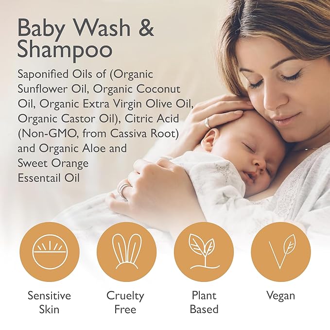 SoCal Suds & Company Organic Baby Shampoo and Body Wash - 2-in-1 Castile Soap, Hypoallergenic, Sensitive Skin, Natural Soap, Toddler Shampoo, Infant, Newborn, Kids Body Wash - 12oz Sweet Orange 2Pk