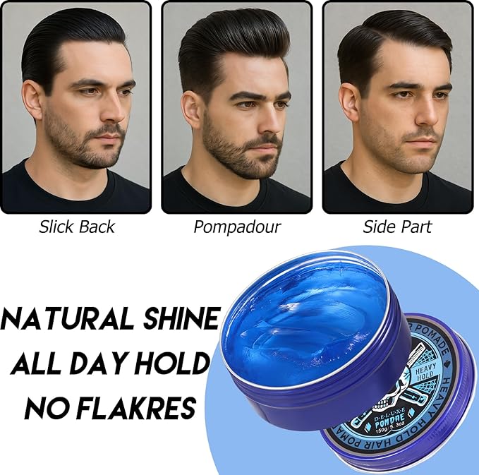 Water-Based Pomade, Hair Pomade for Men, Medium Hold Shine Hair Gel for Men | Strong Hold | Non-Greasy | for Pompadour Side Part Slick Back - 5.3oz Blueberry Scent