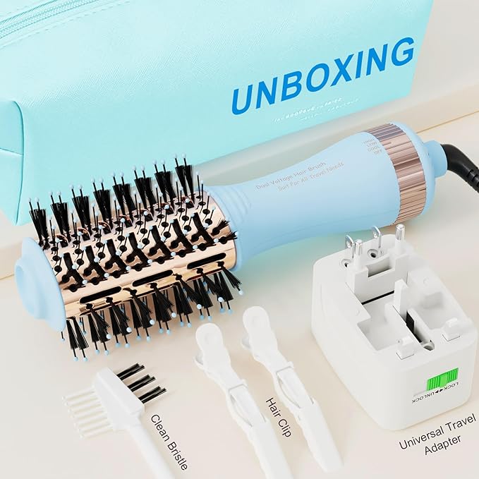 Travel Size Hair Dryer Dual Voltage Hair Styler, 110-240V 2 Inch Oval Jet Brush, Blow Dryer with Universal Adapter for Worldwide Use