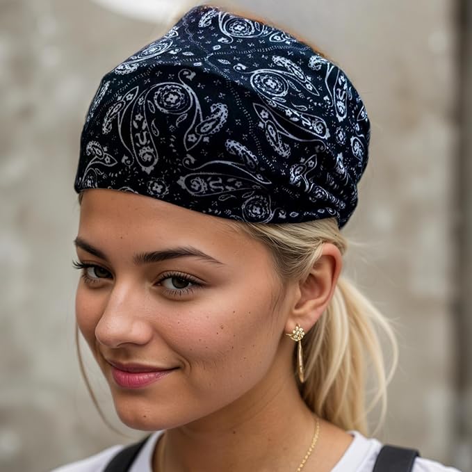 1 Pack Boho Headbands Stretch Paisley Print Bandana Headband Criss Cross Hair Bands Knotted Head Wrap Yoga Daily for Women and Girls (Black Ornate)
