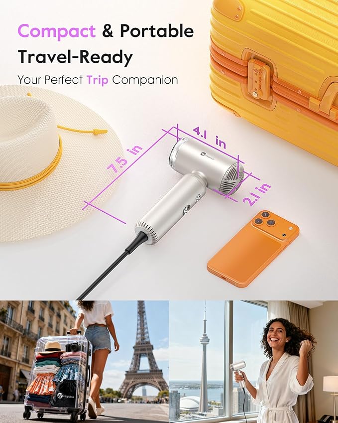 slopehill Travel Dual Voltage Hair Dryer, Ionic Blow Dryer for Women, Compact & Lightweight, High-Speed Fast Drying, Portable Hairdryer, European 110-120V/220-240V