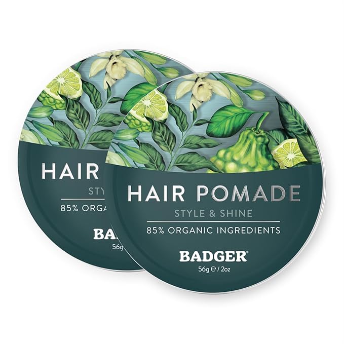Badger Hair Pomade for Men, Organic, Easy to Use, Subtle Masculine Scent, Medium Hold Hair Pomade with Medium Shine Finish, Nourishes Hair & Scalp 2 oz Tin, 2-Pack